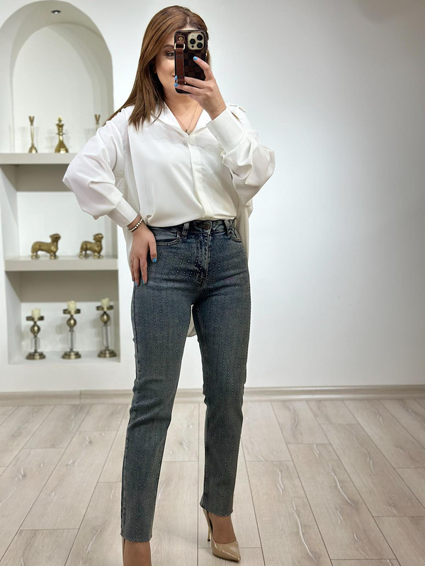 Serpme Taş Detay Mom Fit Pantolon KOYU MAVİ-23YALT000037