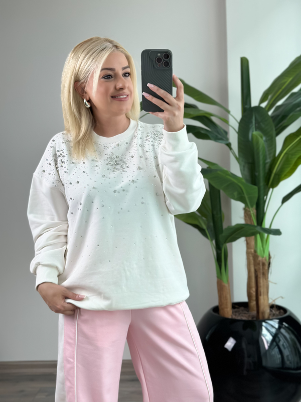 Serpme Taş Detaylı Sweatshirt BEYAZ-23KUST000150
