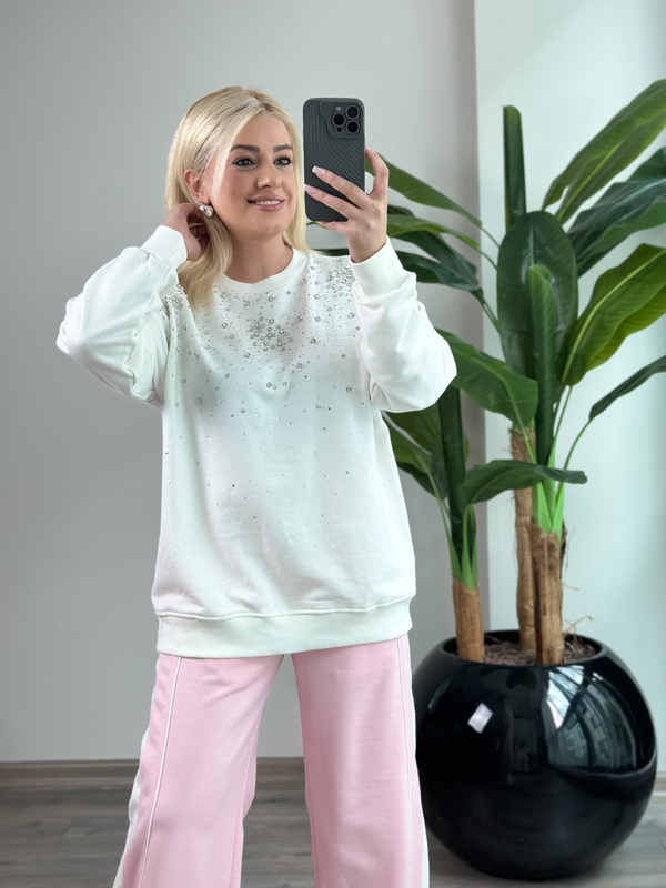 Serpme Taş Detaylı Sweatshirt BEYAZ-23KUST000150