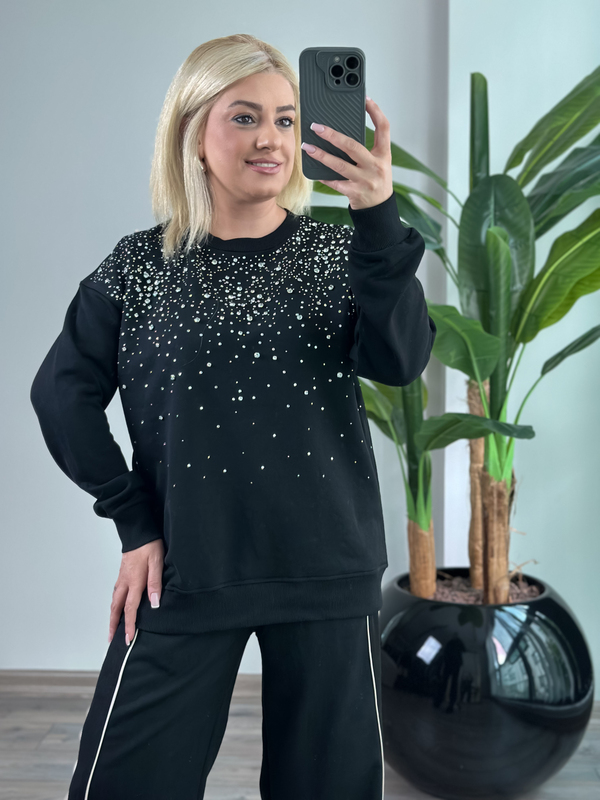 Serpme Taş Detaylı Sweatshirt SİYAH-23KUST000150