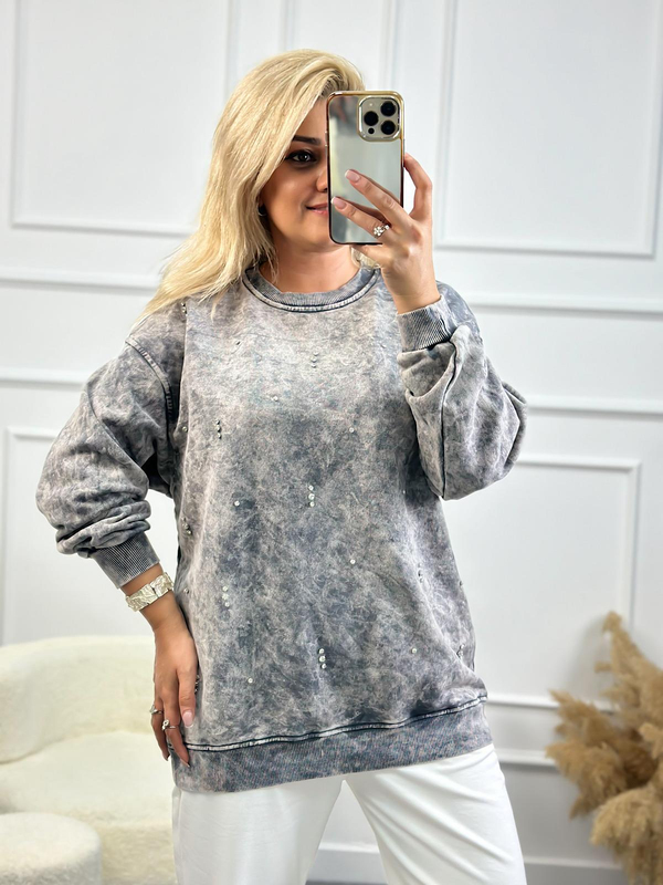 Serpme Taşlı Yıkamalı Sweatshirt ANTRASİT-23YUST000144