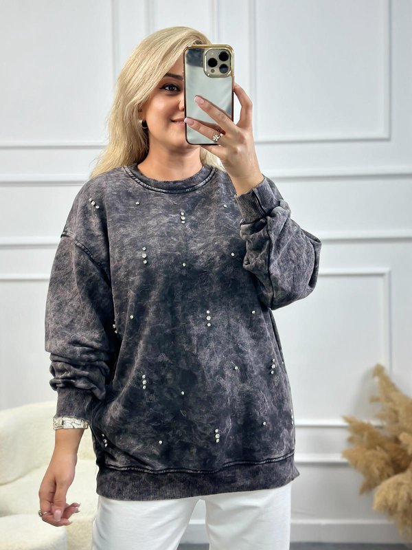 Serpme Taşlı Yıkamalı Sweatshirt FÜME-23YUST000144