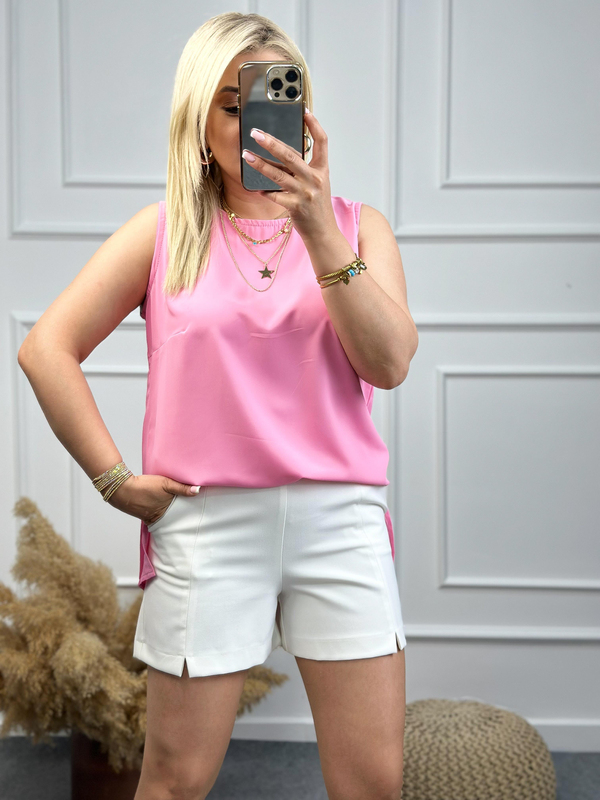 Sıfır Kol Arkası Uzun Yanları Yırtmaçlı Pamuk Saten Bluz PEMBE-23YUST000103