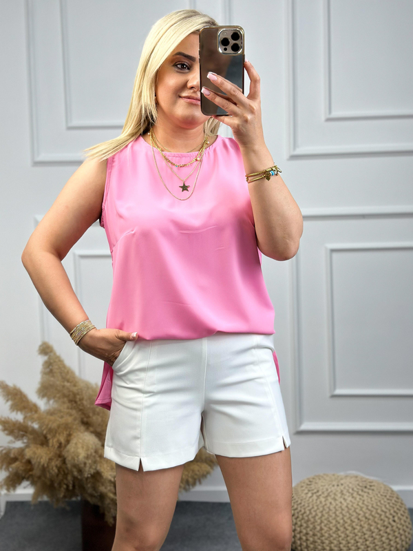 Sıfır Kol Arkası Uzun Yanları Yırtmaçlı Pamuk Saten Bluz PEMBE-23YUST000103