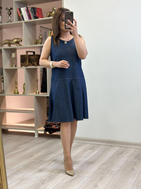 Sıfır Kol Kloş Denim Elbise LACİVERT-23YELB000142
