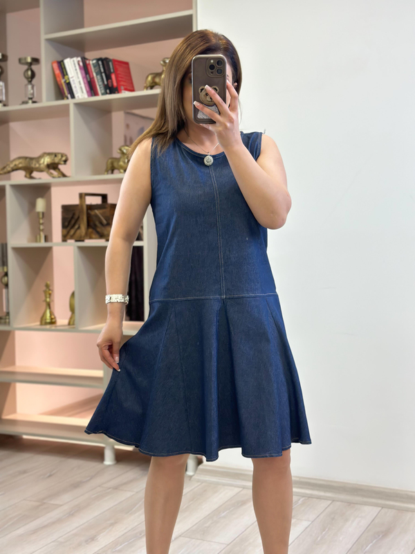 Sıfır Kol Kloş Denim Elbise LACİVERT-23YELB000142