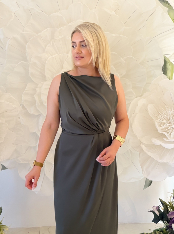 Sıfır Kol Yandan Fermuarlı Saten Elbise HAKİ-23YELB000165