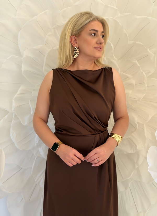 Sıfır Kol Yandan Fermuarlı Saten Elbise KAHVE-23YELB000165