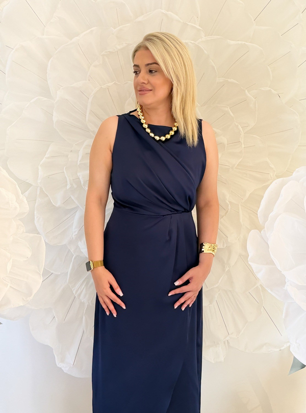 Sıfır Kol Yandan Fermuarlı Saten Elbise LACİVERT-23YELB000165