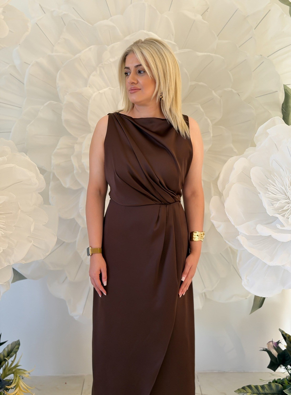 Sıfır Kol Yandan Fermuarlı Saten Elbise KAHVE-23YELB000165