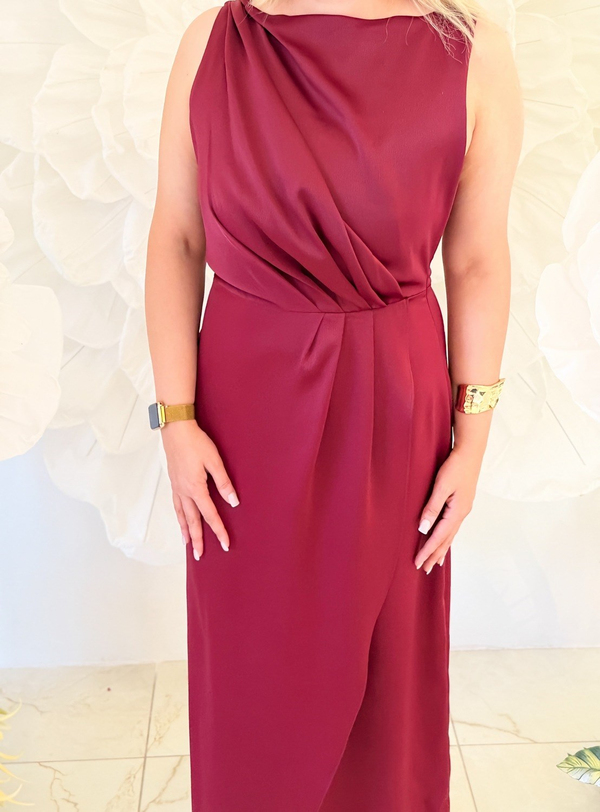Sıfır Kol Yandan Fermuarlı Saten Elbise BORDO-23YELB000165
