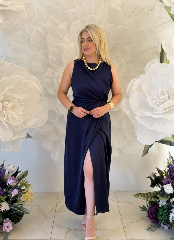 Sıfır Kol Yandan Fermuarlı Saten Elbise LACİVERT-23YELB000165