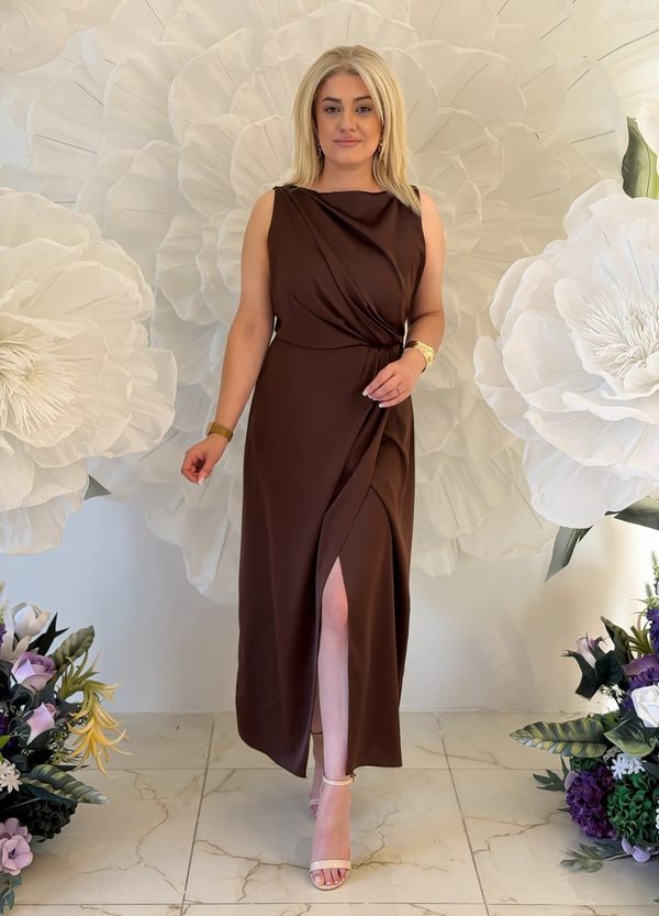 Sıfır Kol Yandan Fermuarlı Saten Elbise KAHVE-23YELB000165