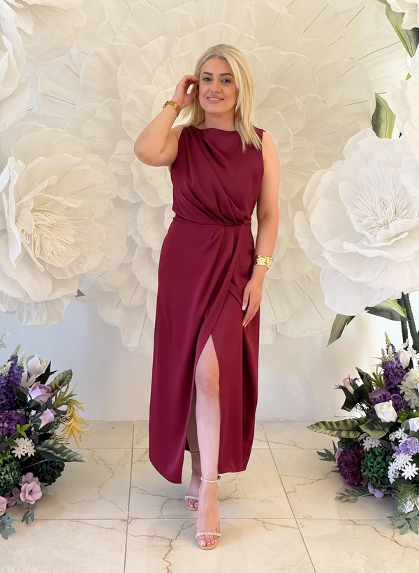 Sıfır Kol Yandan Fermuarlı Saten Elbise BORDO-23YELB000165