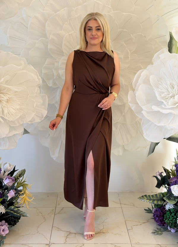 Sıfır Kol Yandan Fermuarlı Saten Elbise KAHVE-23YELB000165