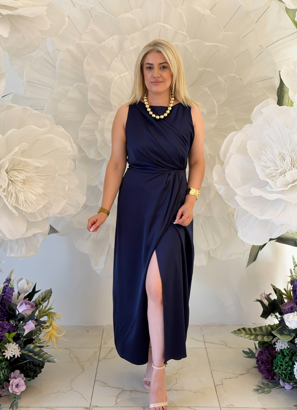 Sıfır Kol Yandan Fermuarlı Saten Elbise LACİVERT-23YELB000165
