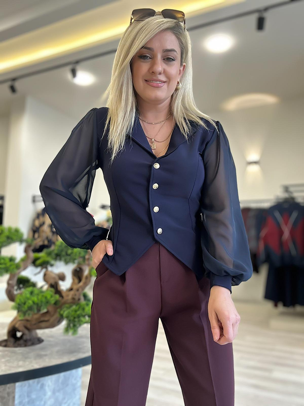 Şifon Uzun Kol Düğmeli Bluz LARCİVET-23YUST000143