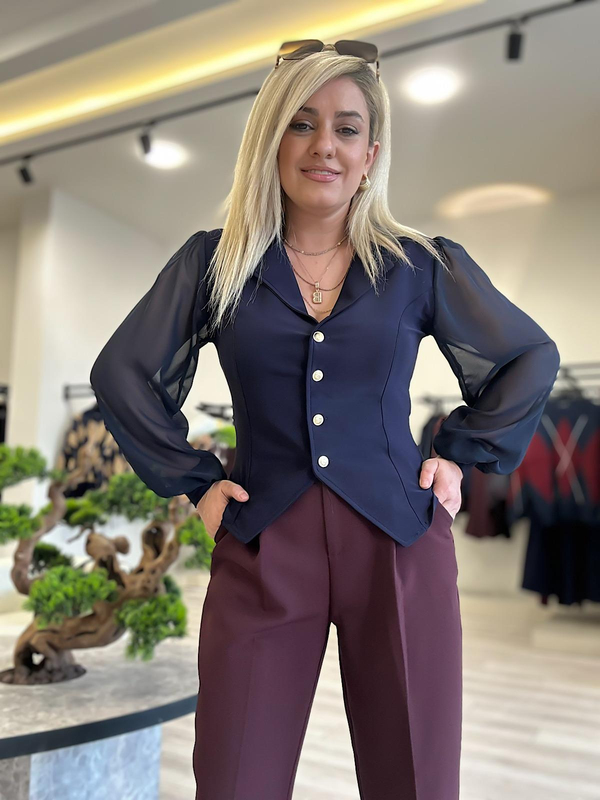 Şifon Uzun Kol Düğmeli Bluz LARCİVET-23YUST000143