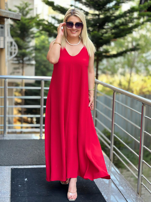 Tam Boy Ayarlanabilir Askılı Elbise KIRMIZI-23YELB000084