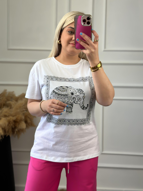 Taş İşleme Fil Desen Bisikilet Yaka Tshirt BEYAZ-23YUST000017