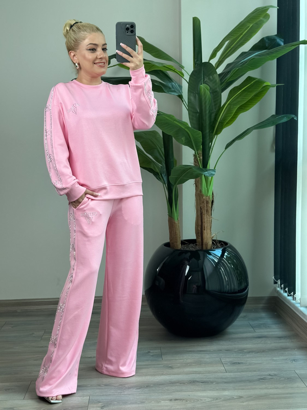 Taş İşleme Şerit Detaylı Spor Takım PEMBE-23KUST000144