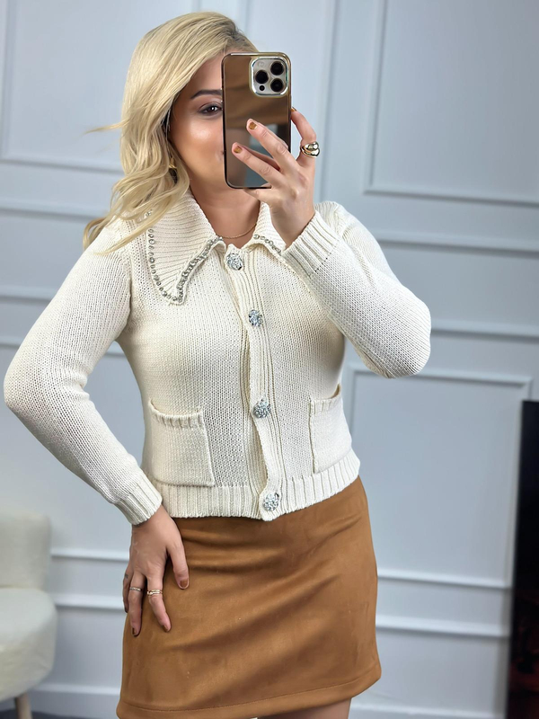 Taş İşlemeli Bebe Yaka Hırka KREM-23KDIS000038