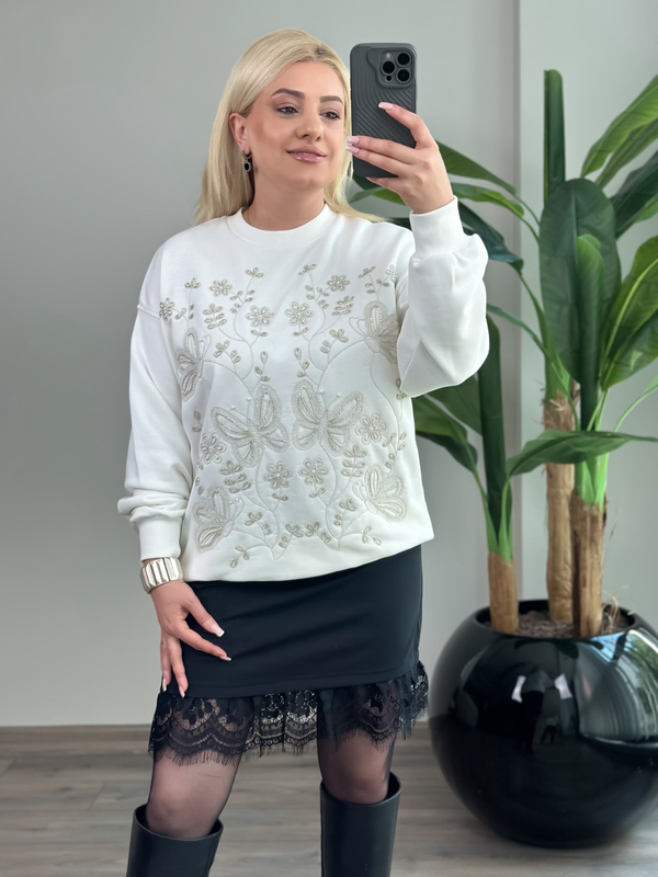 Taş İşlemeli Kelebek Desenli Sweatshirt BEYAZ-23KUST000145