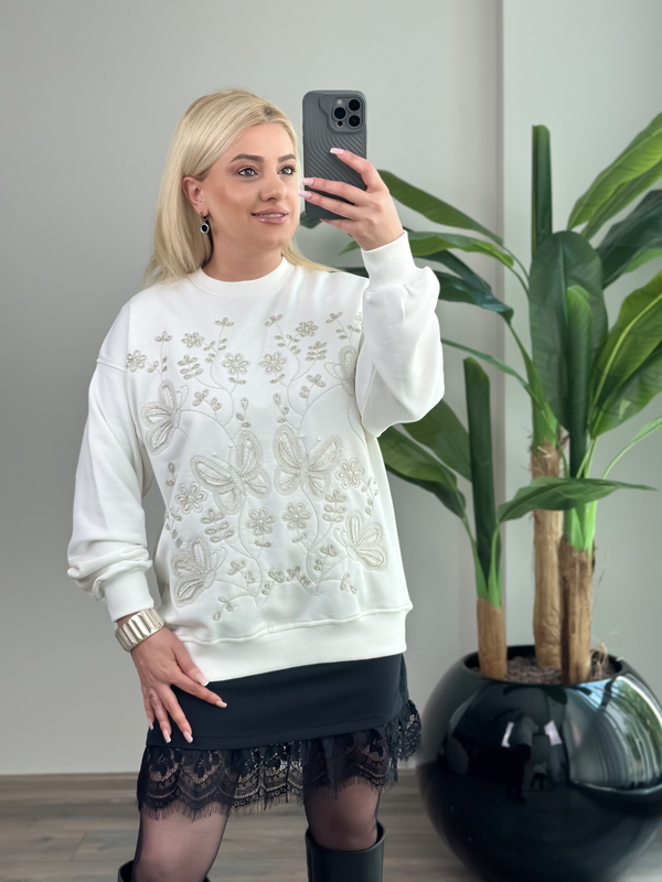 Taş İşlemeli Kelebek Desenli Sweatshirt BEYAZ-23KUST000145