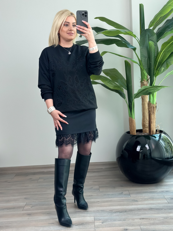 Taş İşlemeli Kelebek Desenli Sweatshirt SİYAH-23KUST000145