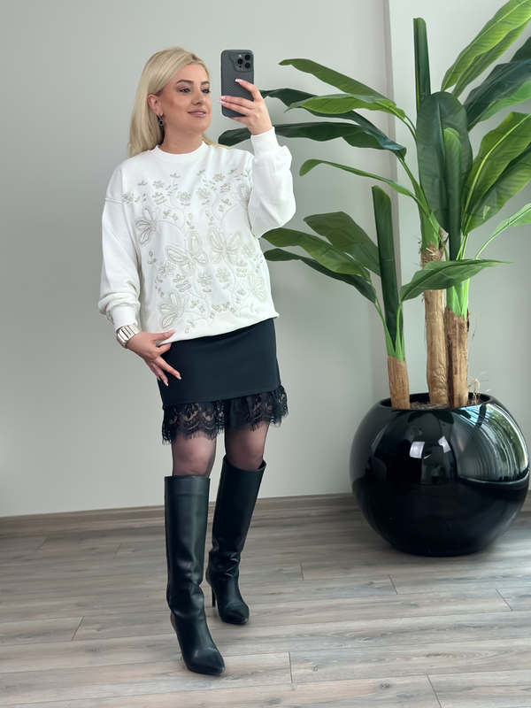 Taş İşlemeli Kelebek Desenli Sweatshirt BEYAZ-23KUST000145
