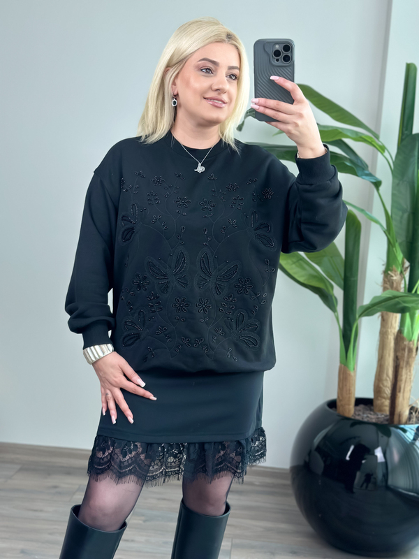 Taş İşlemeli Kelebek Desenli Sweatshirt SİYAH-23KUST000145