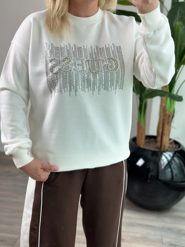 Taş İşlemeli Yazı Baskılı Sweatshirt BEYAZ-23KUST000143