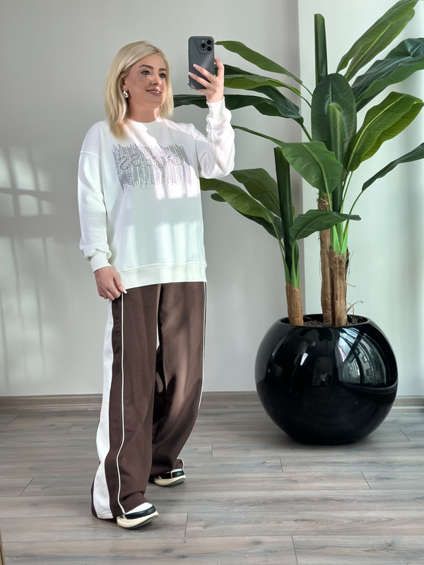 Taş İşlemeli Yazı Baskılı Sweatshirt BEYAZ-23KUST000143