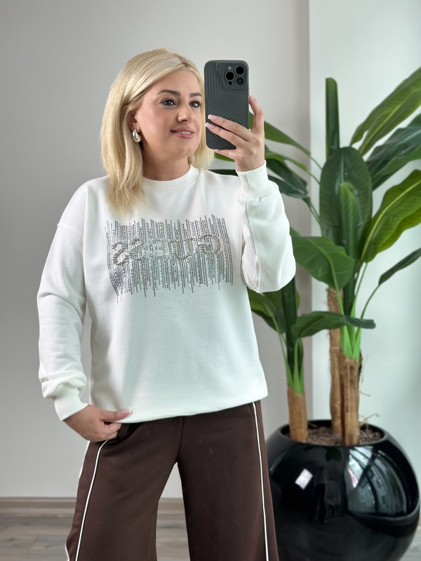 Taş İşlemeli Yazı Baskılı Sweatshirt BEYAZ-23KUST000143