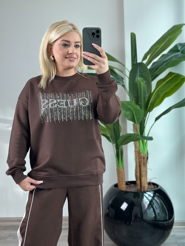 Taş İşlemeli Yazı Baskılı Sweatshirt KAHVE-23KUST000143