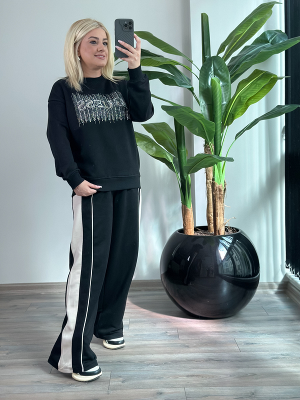 Taş İşlemeli Yazı Baskılı Sweatshirt SİYAH-23KUST000143