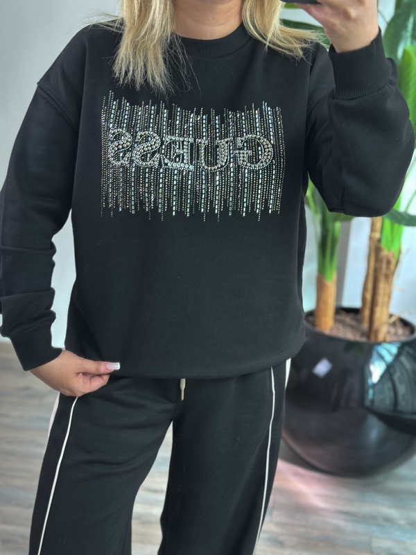 Taş İşlemeli Yazı Baskılı Sweatshirt SİYAH-23KUST000143