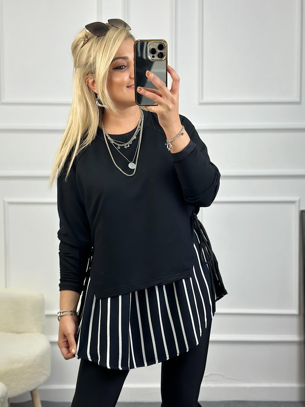 Tasarım Çizgili Yanları Bağlama Detaylı Sweatshirt SİYAH-23KUST000086