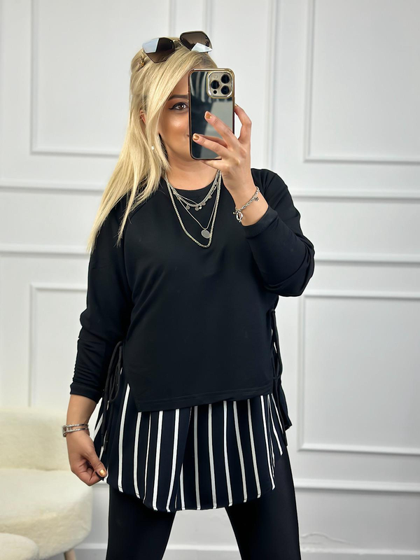 Tasarım Çizgili Yanları Bağlama Detaylı Sweatshirt SİYAH-23KUST000086