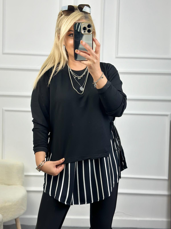 Tasarım Çizgili Yanları Bağlama Detaylı Sweatshirt SİYAH-23KUST000086