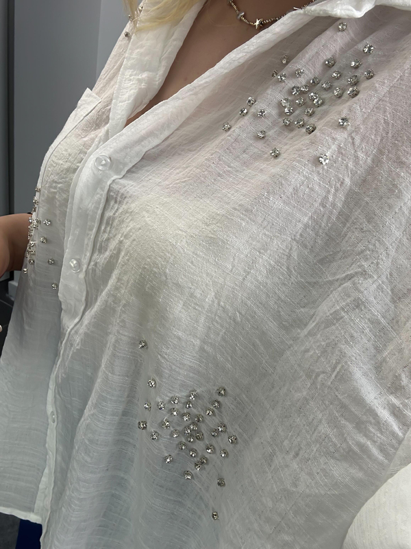 Taşlı Cepli Oversize Gömlek BEYAZ-23YUST000089