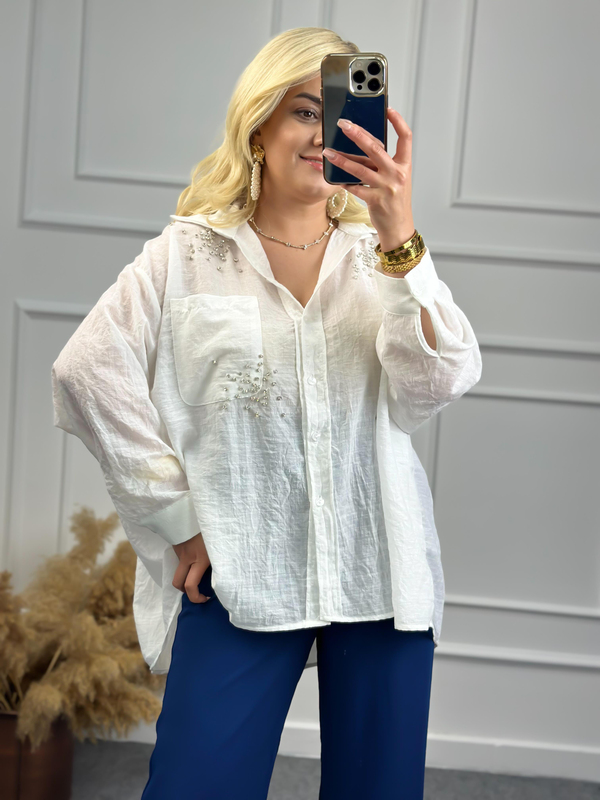 Taşlı Cepli Oversize Gömlek BEYAZ-23YUST000089