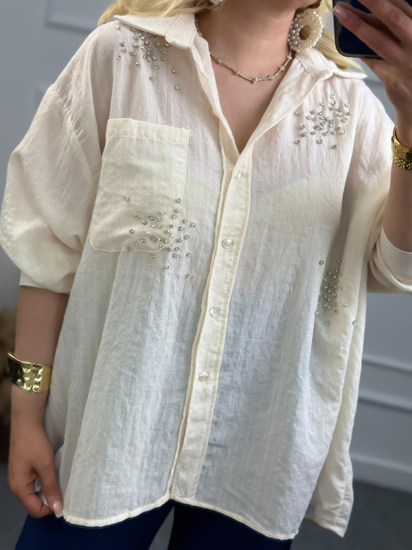 Taşlı Cepli Oversize Gömlek EKRU-23YUST000089
