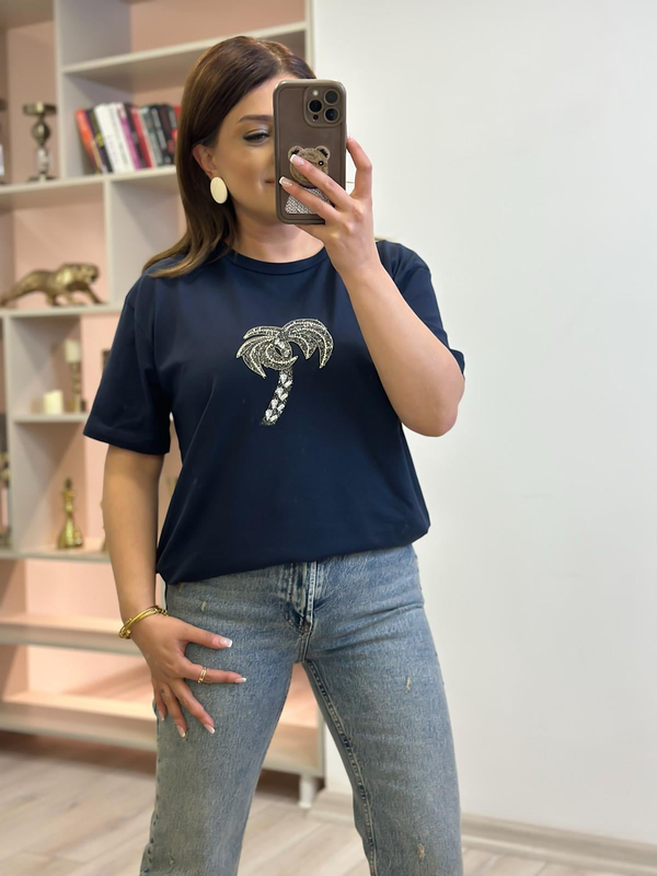 Taşlı Palmiye Tshirt LACİVERT-23YUST000259