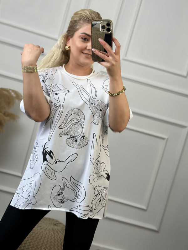 Tavşan Baskılı Taşlı Tshirt BEYAZ-23YUST000060