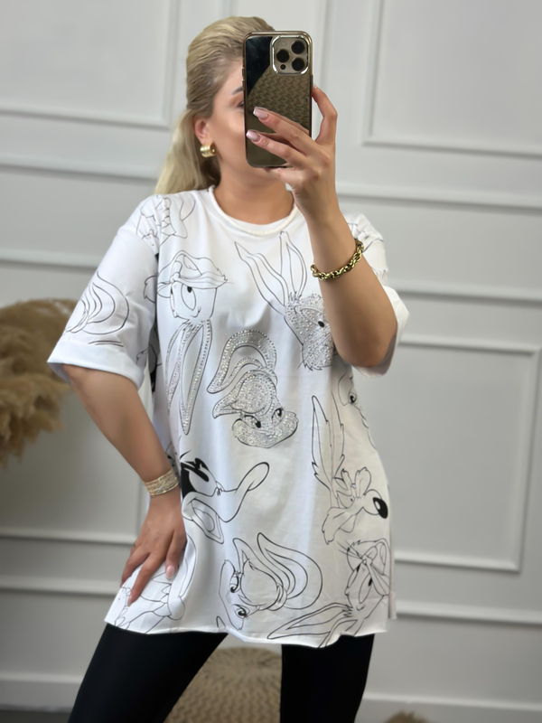 Tavşan Baskılı Taşlı Tshirt BEYAZ-23YUST000060