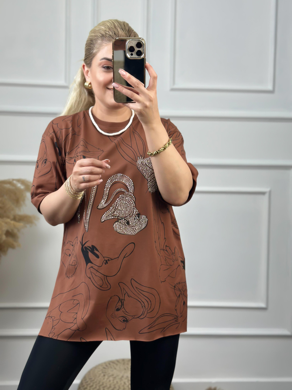 Tavşan Baskılı Taşlı Tshirt KAHVE-23YUST000060