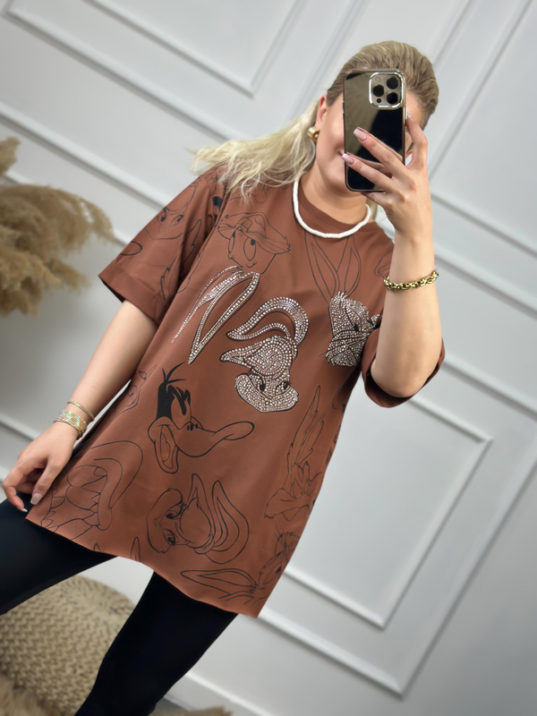 Tavşan Baskılı Taşlı Tshirt KAHVE-23YUST000060