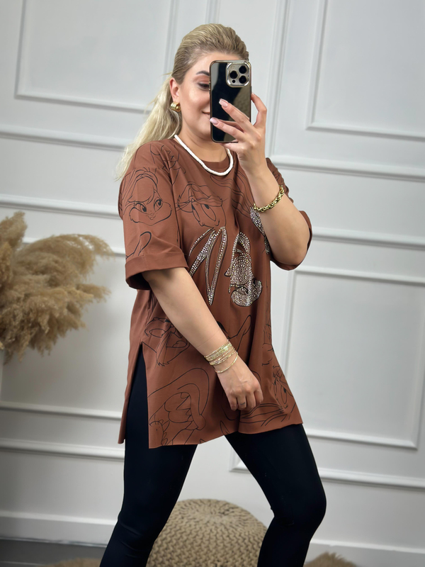 Tavşan Baskılı Taşlı Tshirt KAHVE-23YUST000060