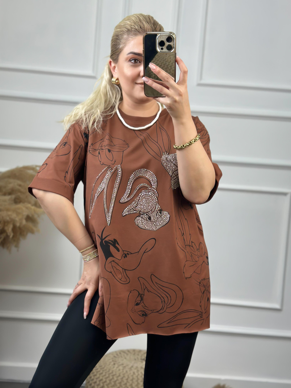 Tavşan Baskılı Taşlı Tshirt KAHVE-23YUST000060